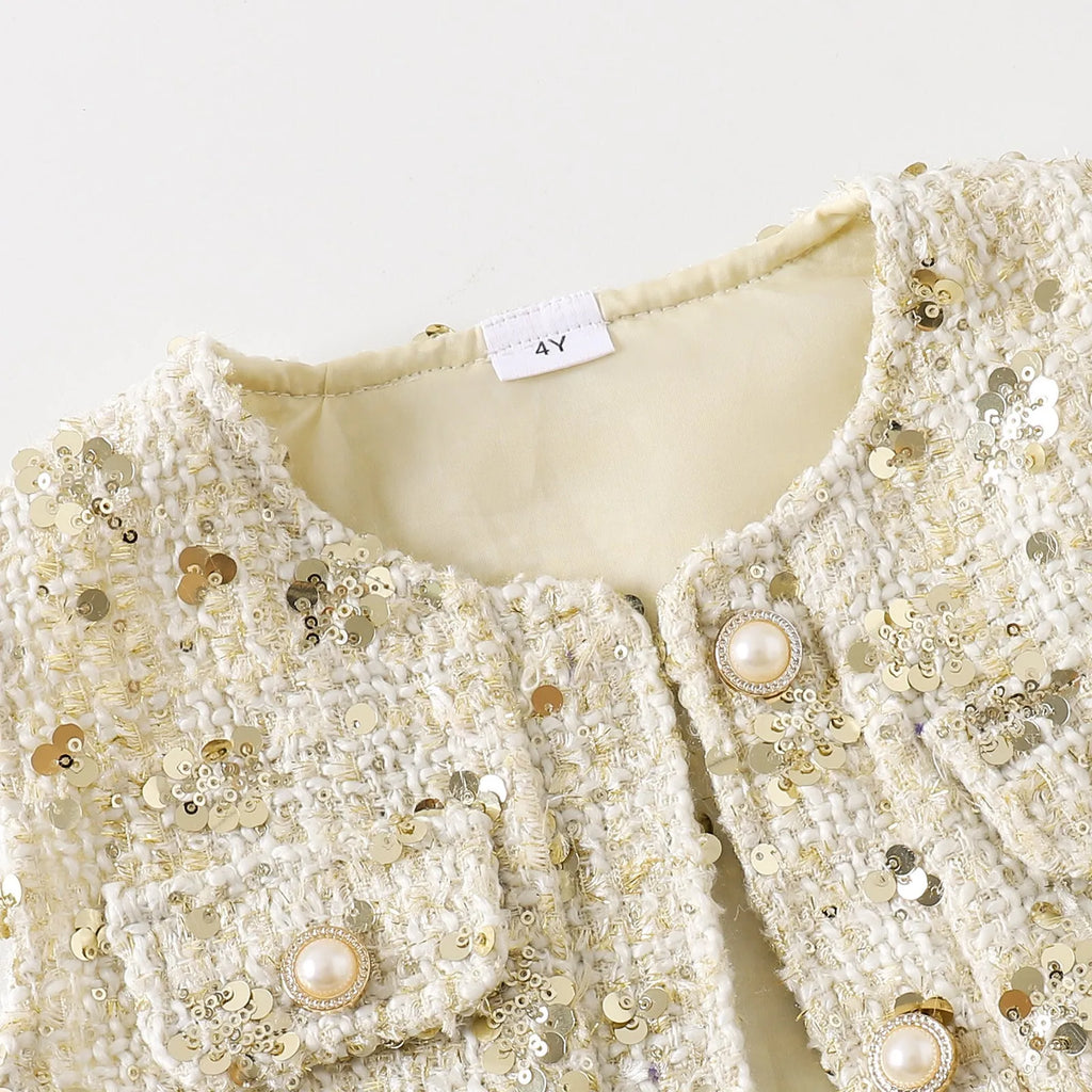 Apricot floral print children's two-piece dress set with long sleeve blouse and skirt made from cotton
