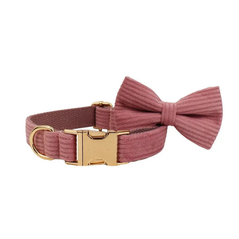 Corduroy dog collar and matching five-piece accessory set with leash, vest, bow, and bag in coordinated colours