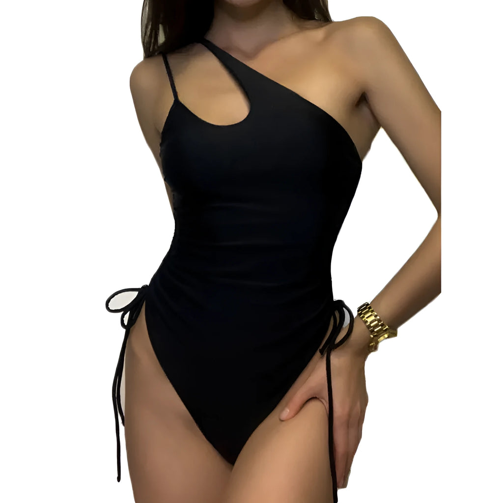 Black women's sleeveless dress with sloping shoulders and lacing detail