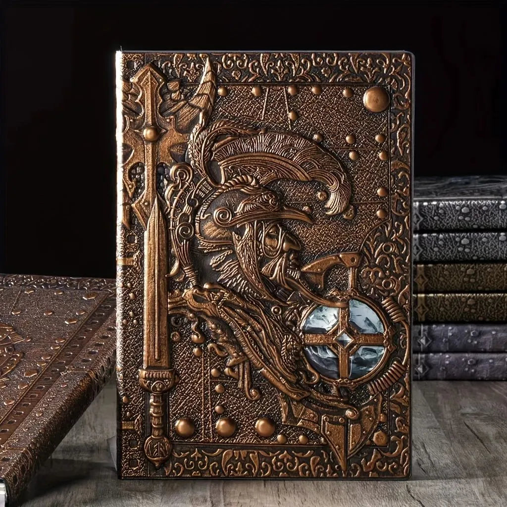 Handmade leather A5 notebook with 3D embossed warriors relief on the cover, showing bronze colour option.