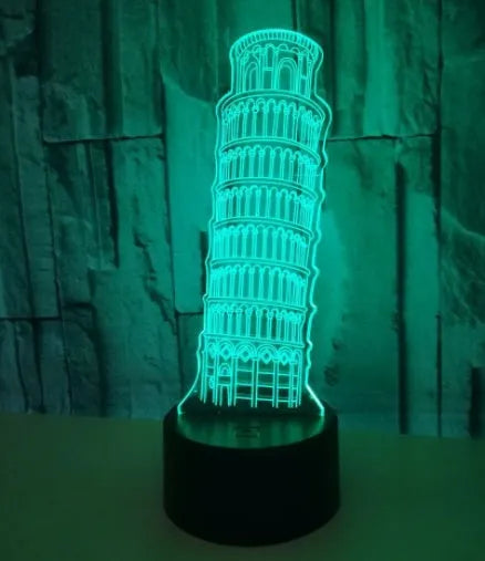 3D Leaning Tower of Pisa LED nightlight with colour-changing lights on a black square base.