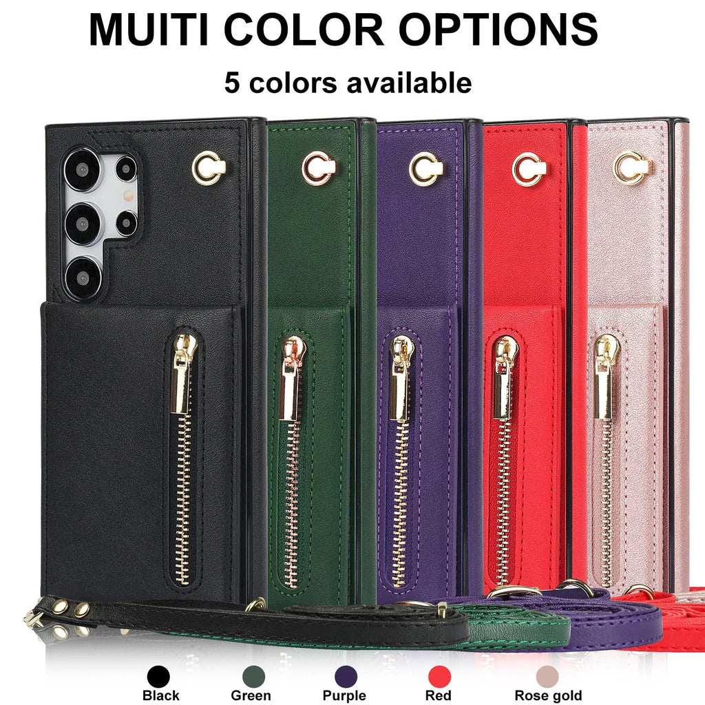 Black leather crossbody phone case with card slots showing Samsung Galaxy phone compatibility