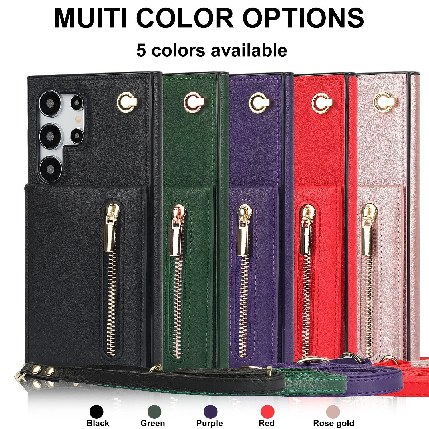 Black leather crossbody phone case with card slots showing Samsung Galaxy phone compatibility