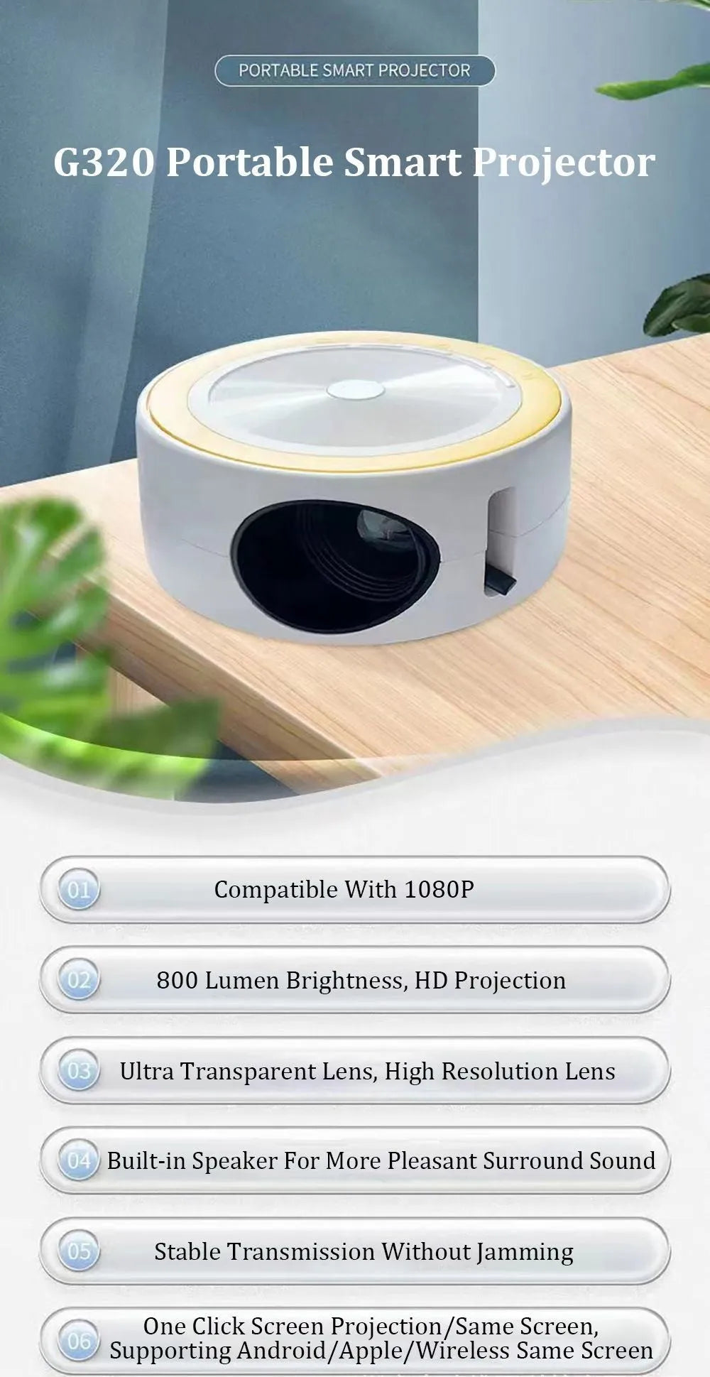 YT200 compact portable LED projector in black, white, yellow/white, or blue/white with USB cord and remote control