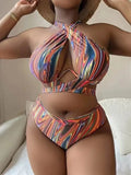 Women's plus size high waist floral bikini swimsuit with split leg design