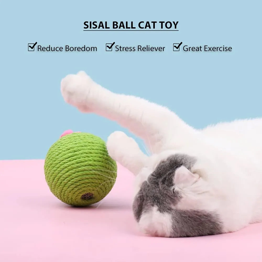 Green cactus-shaped cat scratcher with sisal fibres and attached tumbler ball for indoor play