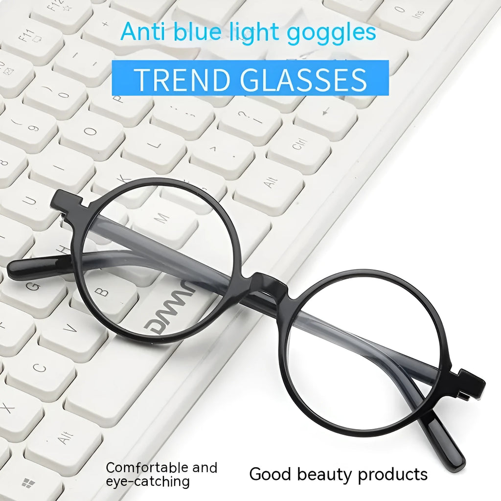 Artistic retro round glasses frame in bright black, sand black, tofu pudding, and transparent grey colours.