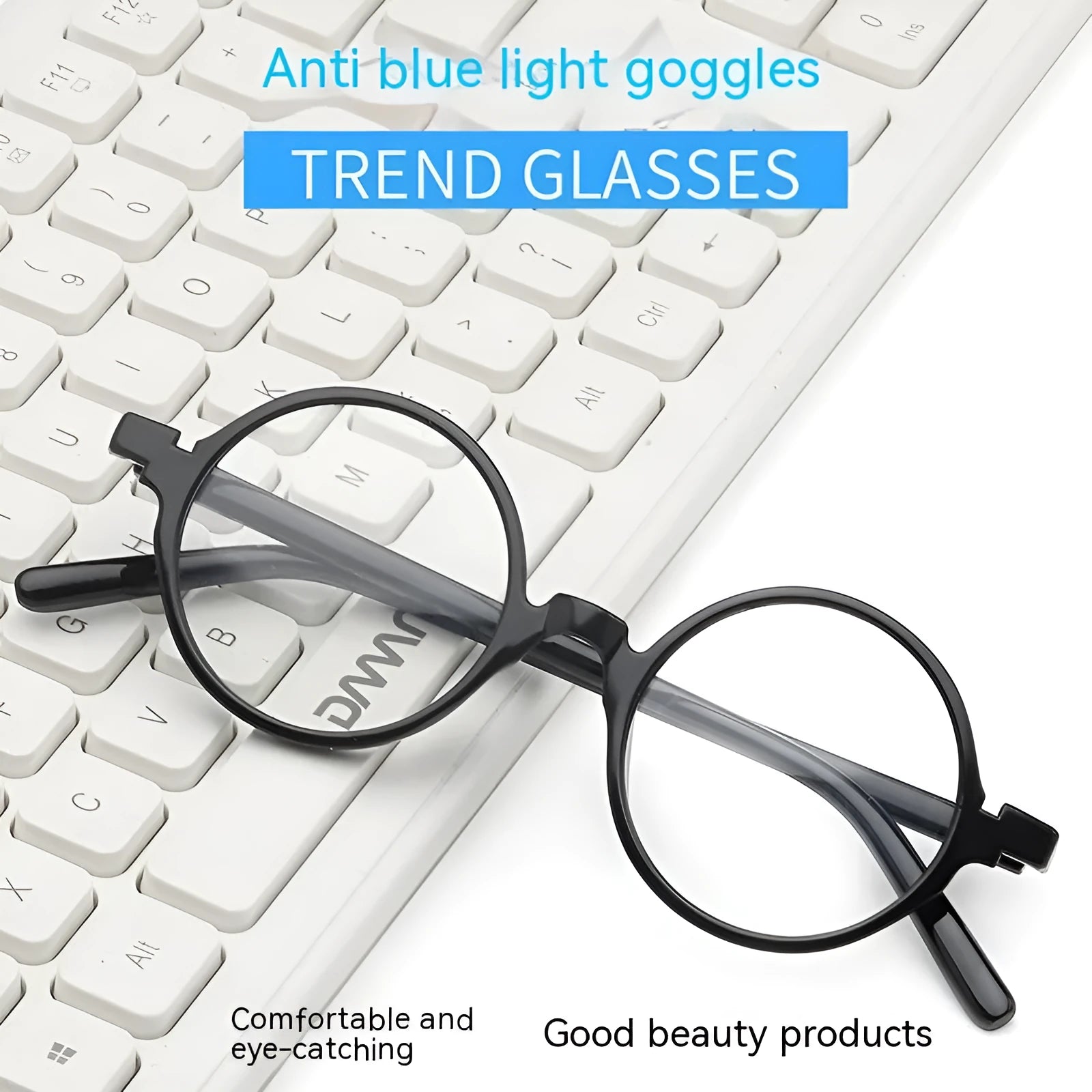 Artistic retro round glasses frame in bright black, sand black, tofu pudding, and transparent grey colours.