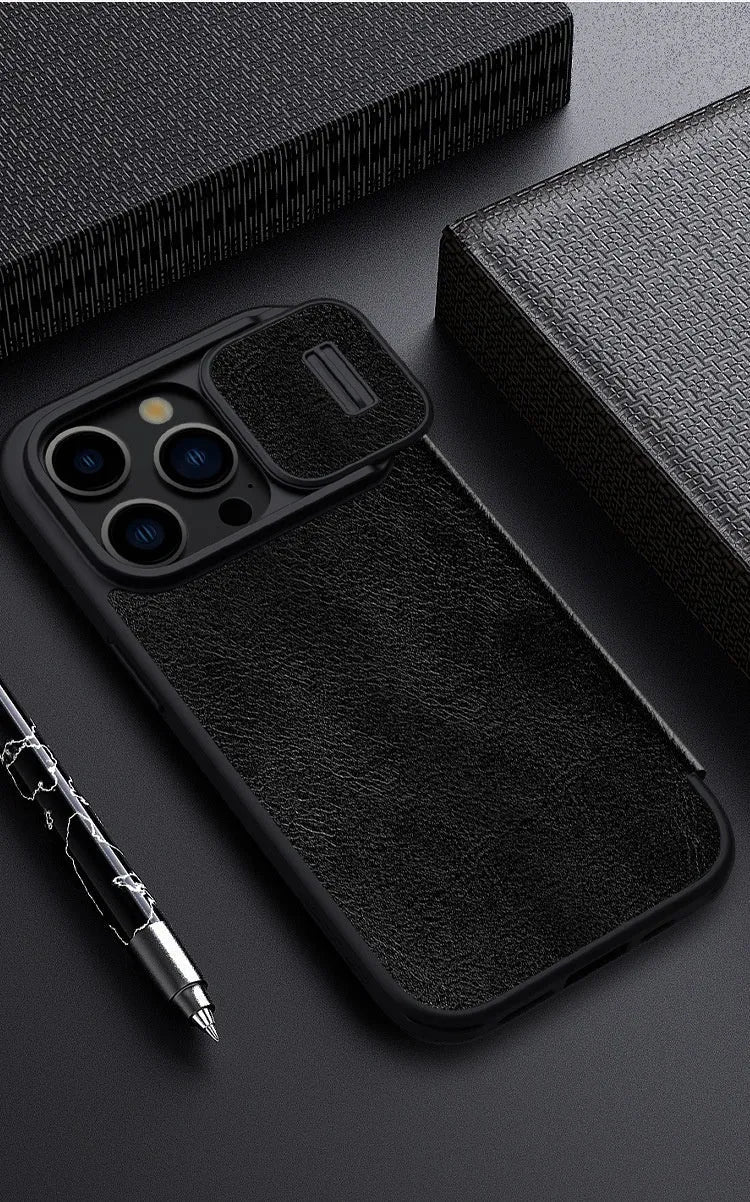 Imitation leather flip phone case for iPhone 15 in black, brown, and red colour options.