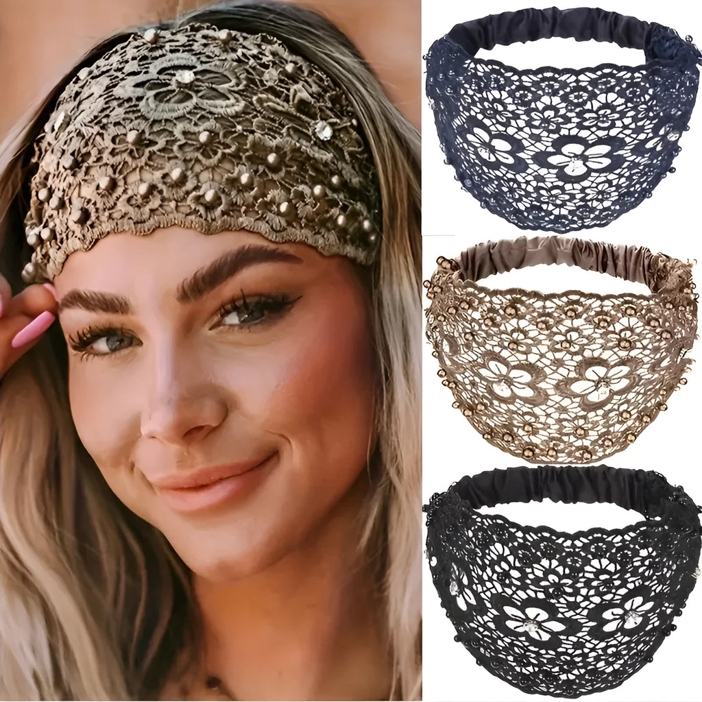 Plum blossom hollow wide brim hair band with pearl beads for women in brown