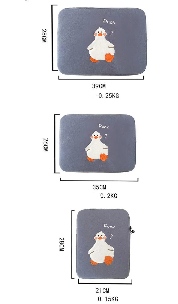 Blue tablet case with embroidered cartoon duck design and a silver zipper closure.