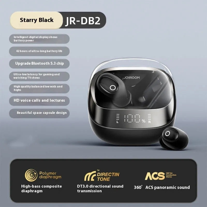 Beige wireless in-ear Bluetooth headphones with a compact white charging case on a table