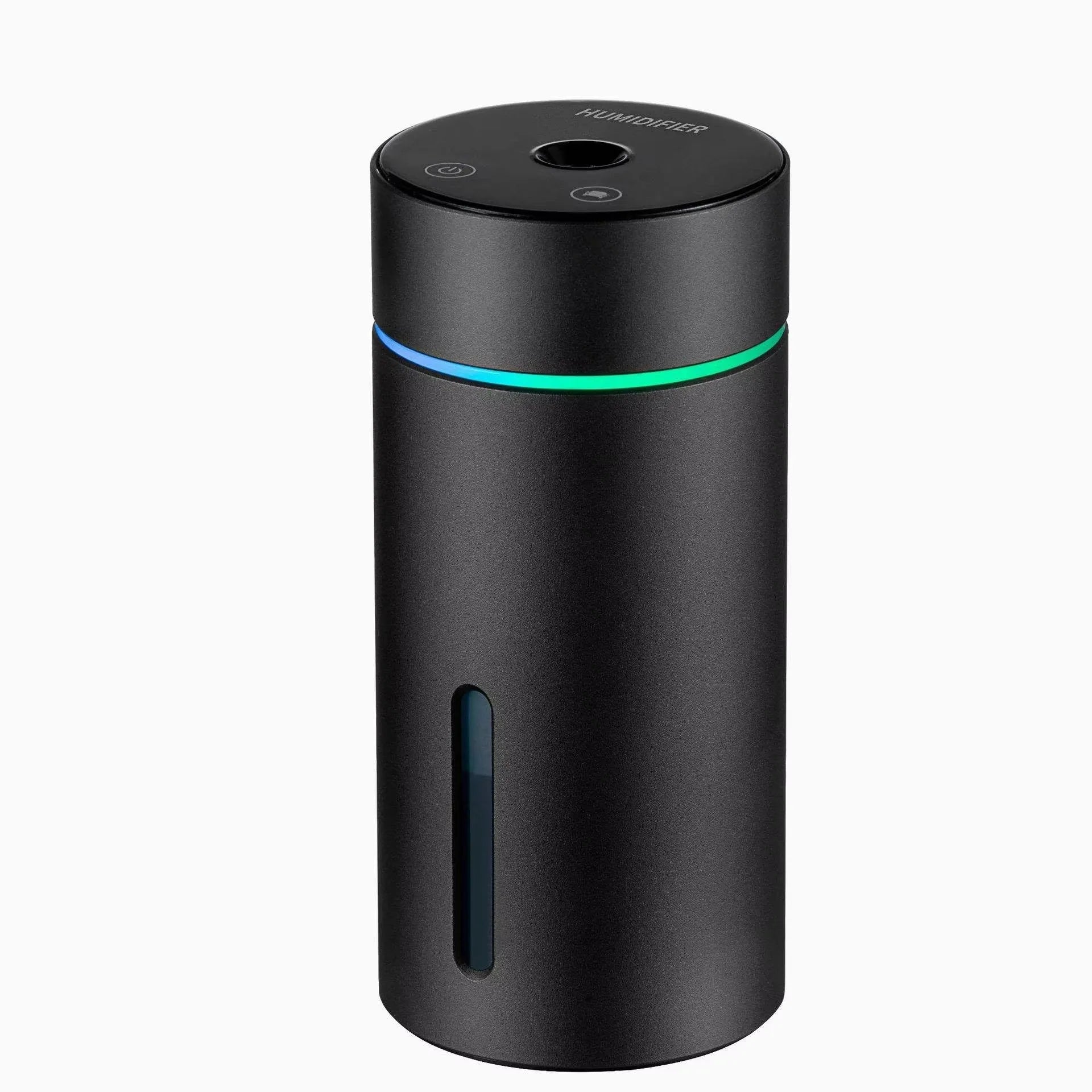 Black aluminium portable car humidifier and essential oil diffuser with USB cable on a desk.