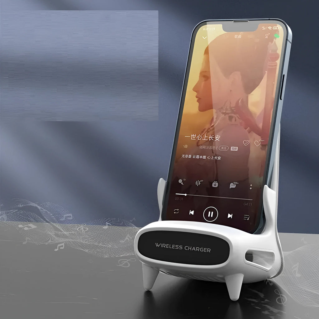White vertical wireless charging stand for phones with Type-C input on a desk
