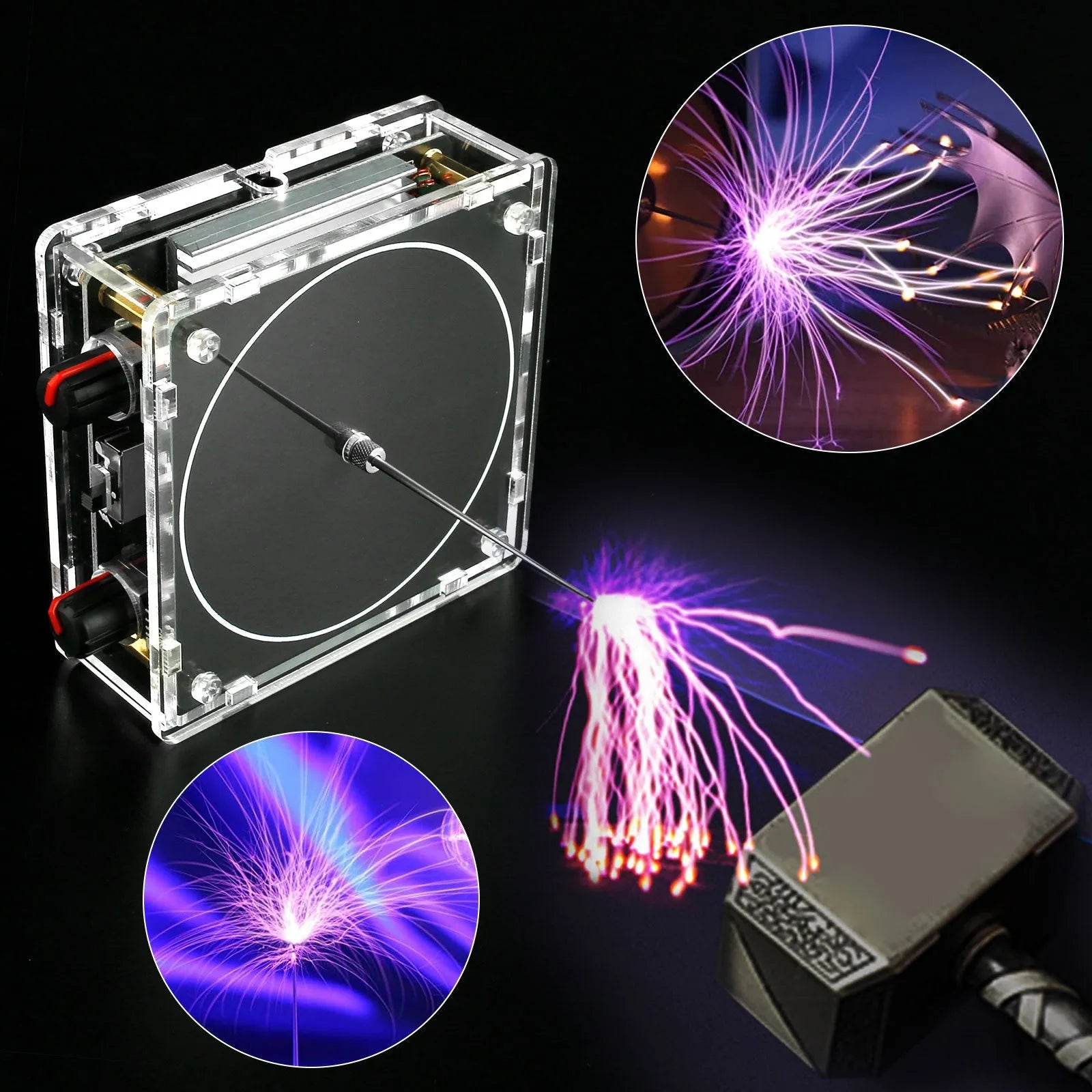 Music Tesla Coil with adjustable lightning arc, Bluetooth loudspeaker, and compact desktop design