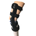 Black anterior ligament knee pad supporter showing multi-material construction and sizing for left and right knees.