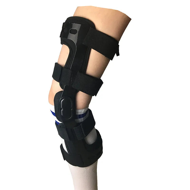 Black anterior ligament knee pad supporter showing multi-material construction and sizing for left and right knees.