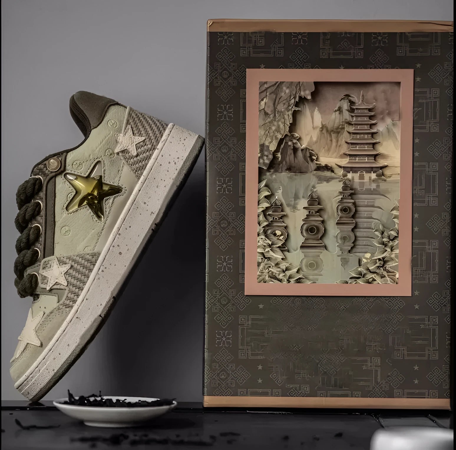 Green low-top casual shoes with a white star stitching pattern and white rubber sole.