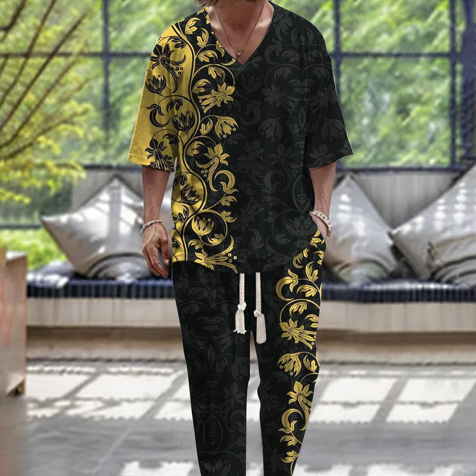 Cropped sleeve V-neck jacket and matching trousers suit on a hanger.