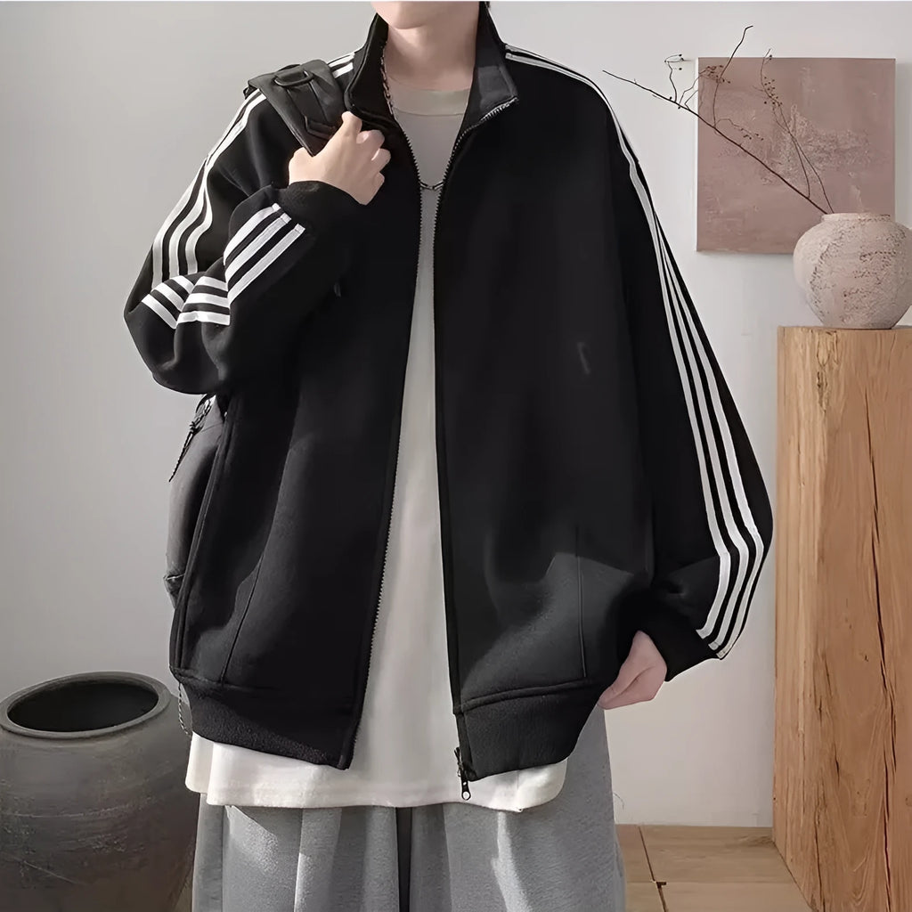 Men's loose fit casual sports jacket in navy blue, polyester, long sleeves, spring autumn