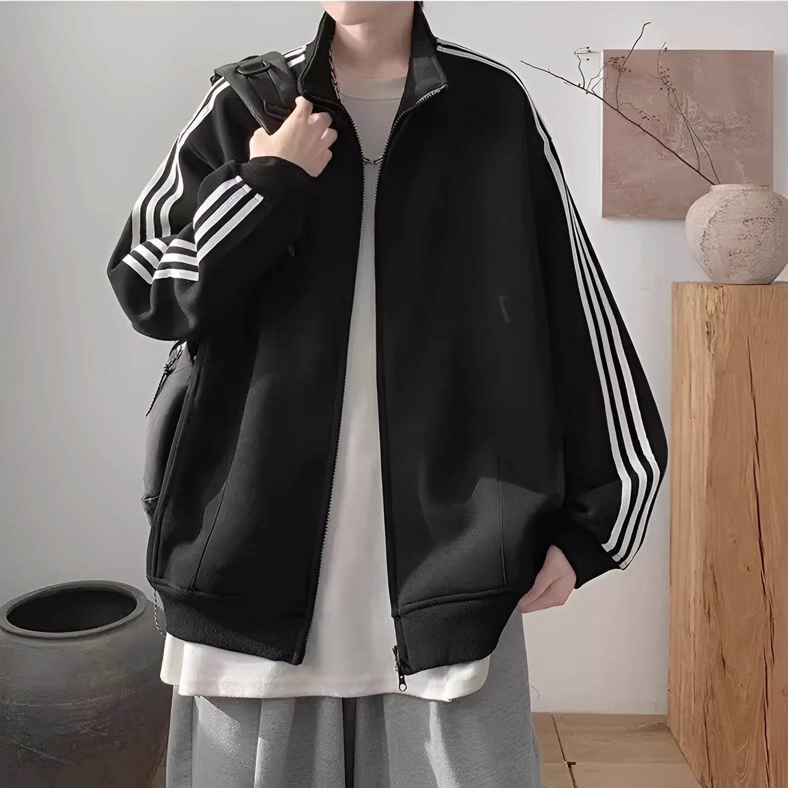 Men's loose fit casual sports jacket in navy blue, polyester, long sleeves, spring autumn