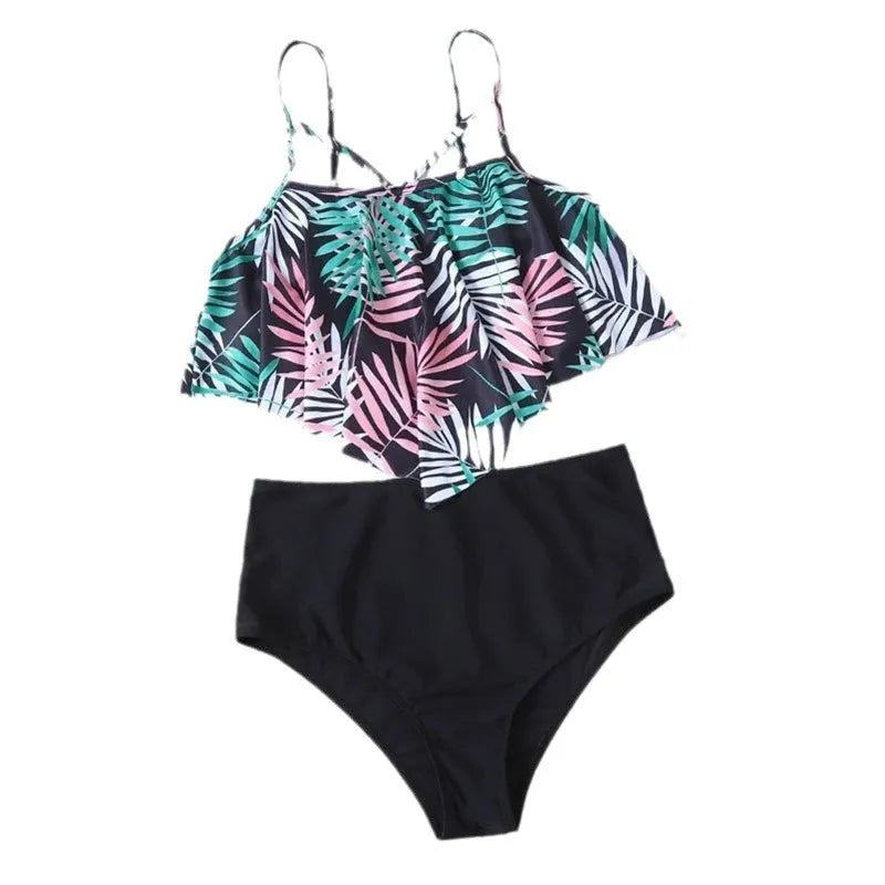 Women's white floral print high-waist bikini swimsuit laid flat.