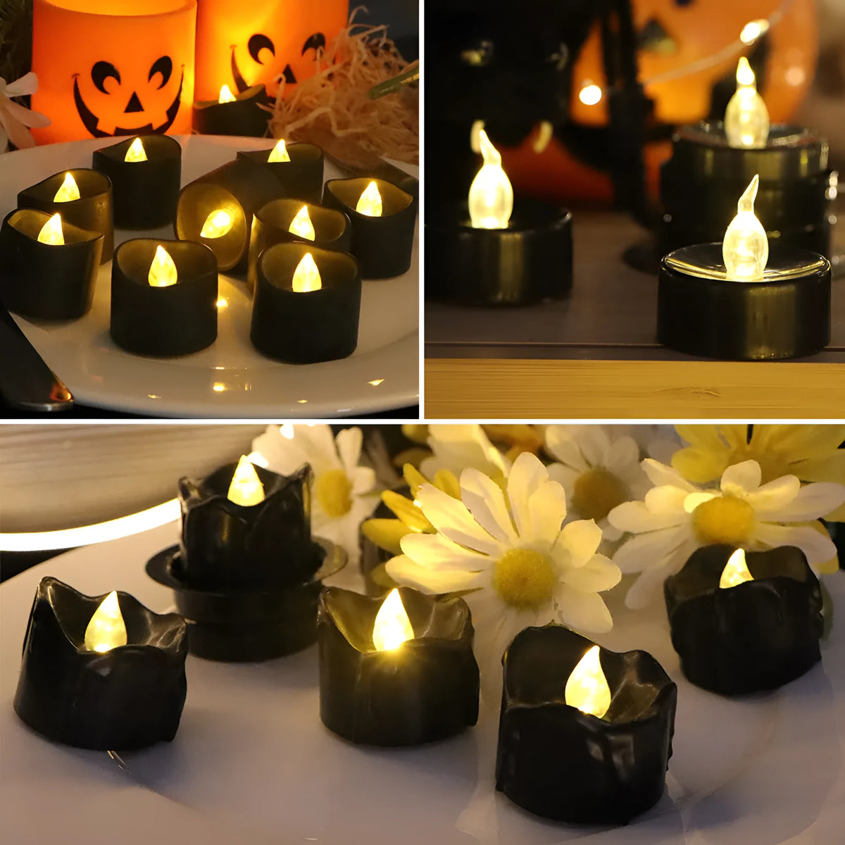 12 pack LED Christmas candles with black shell design and yellow flash style