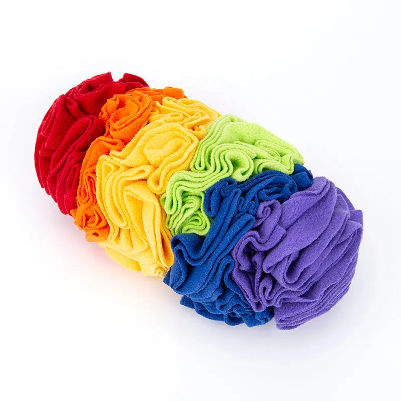 Dog snuffle pad in polar fleece fabric, 25 x 15cm puzzle training mat in Rainbow or Sunset colour