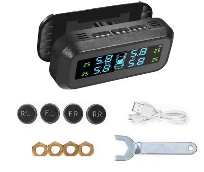 Solar wireless car tyre pressure monitoring system kit with colour screen display and four external sensors.