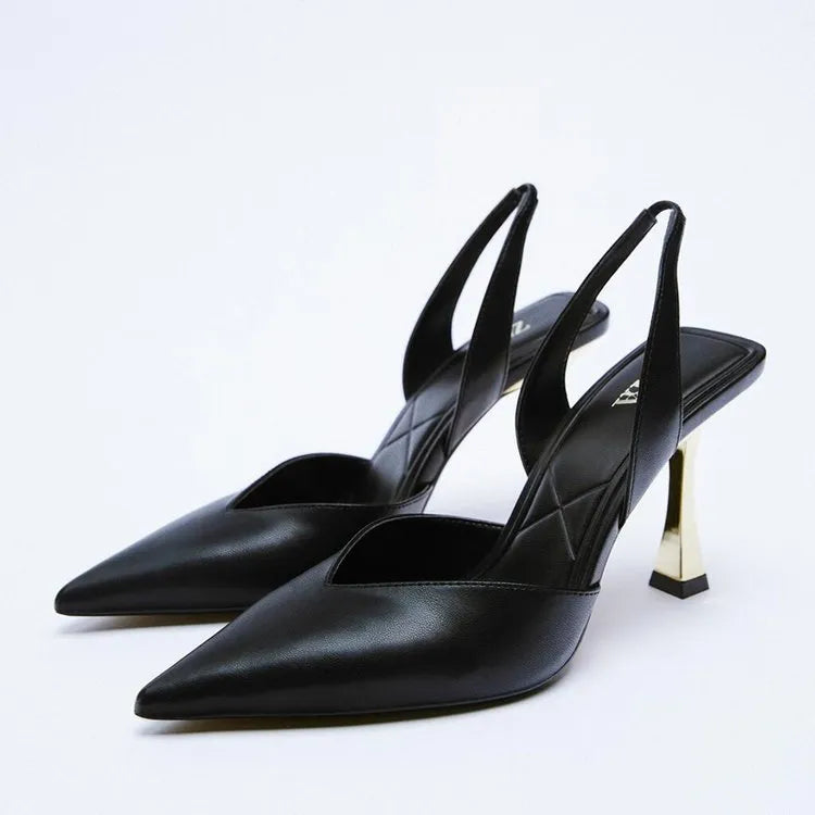 Women's apricot patent leather pointed high heel court shoes on a white background.
