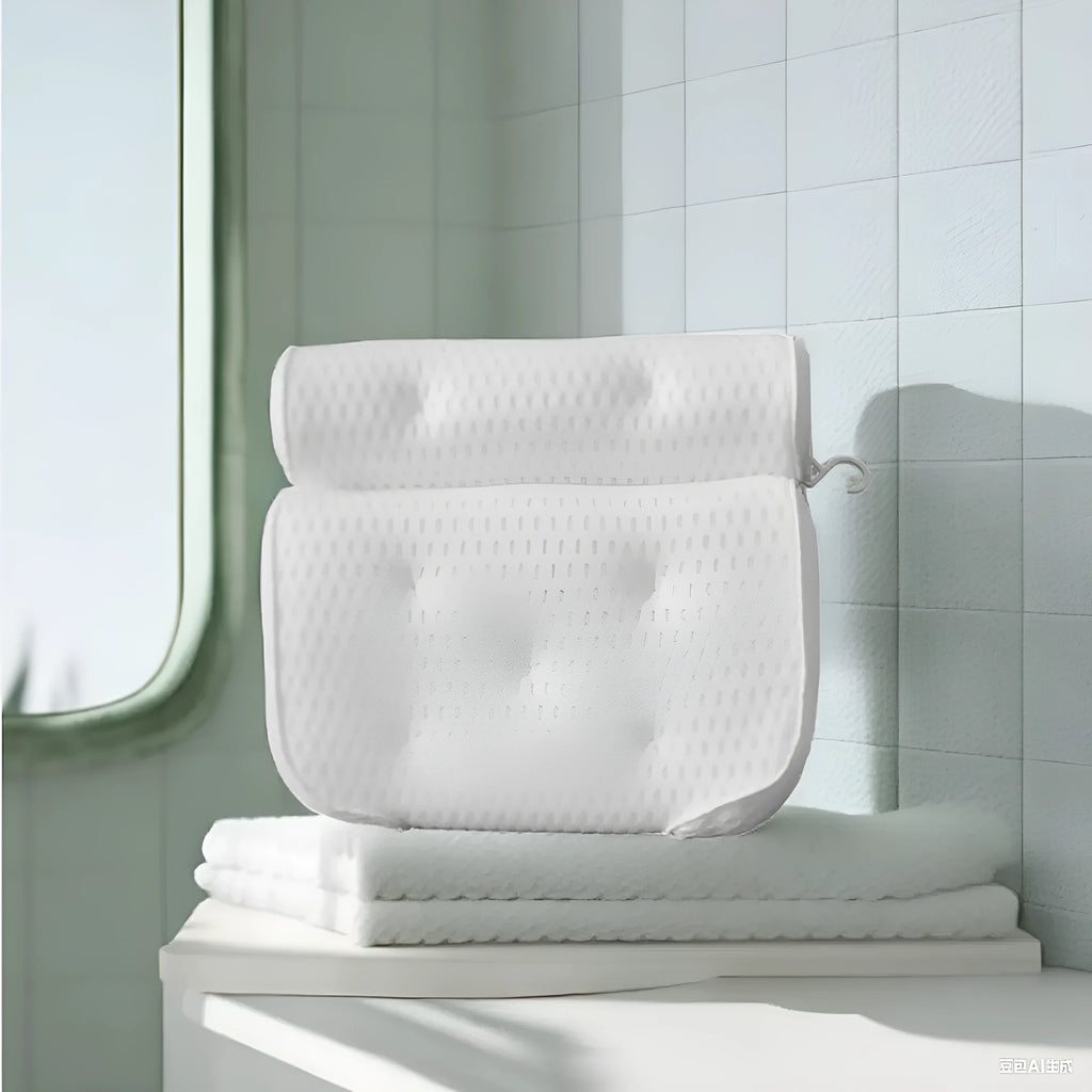 White 4D mesh bathtub pillow with 7 suction cups showing 3D breathable material construction