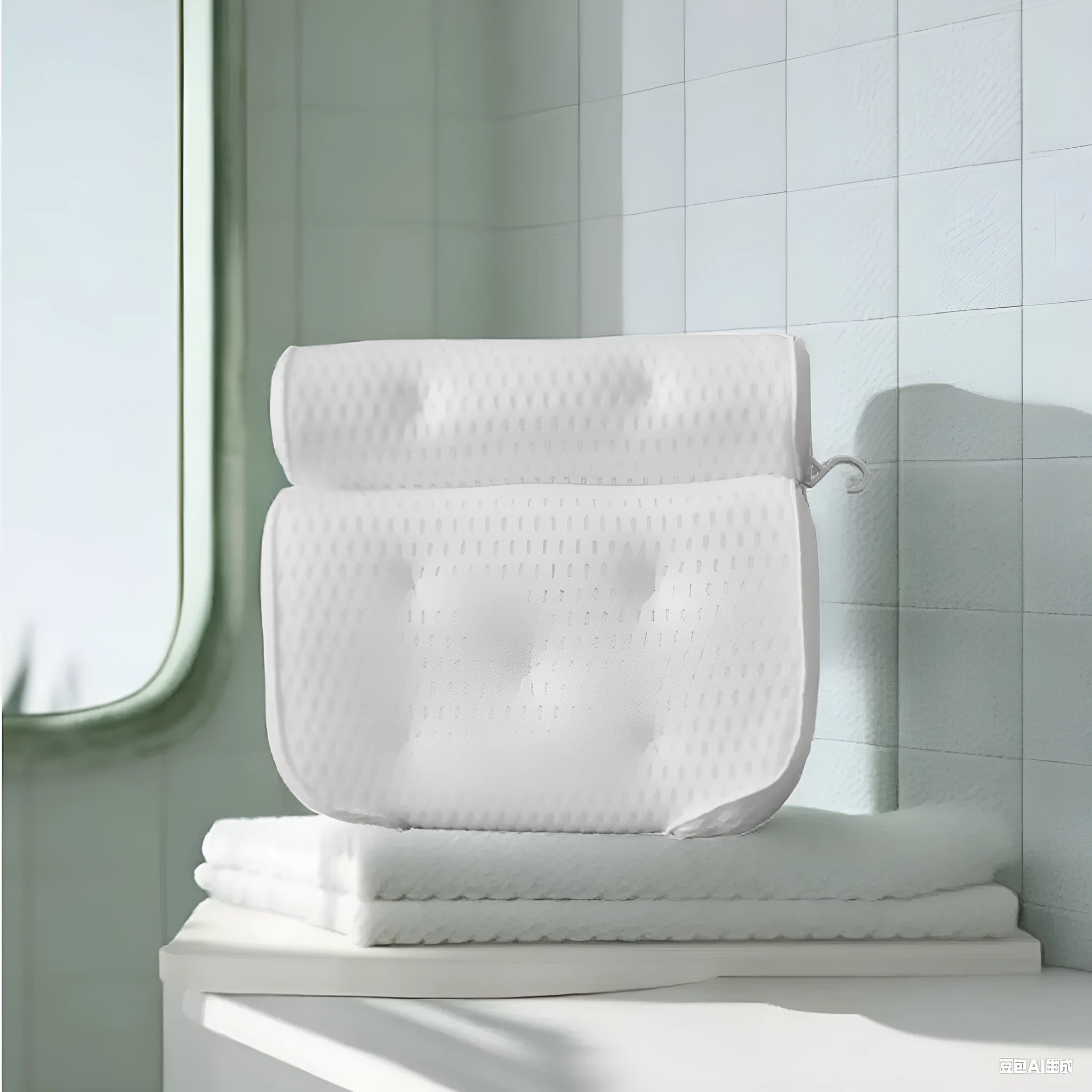 White 4D mesh bathtub pillow with 7 suction cups showing 3D breathable material construction