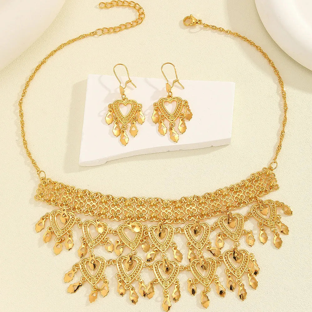 3 piece gold alloy heart shaped hollow necklace and earrings set for women