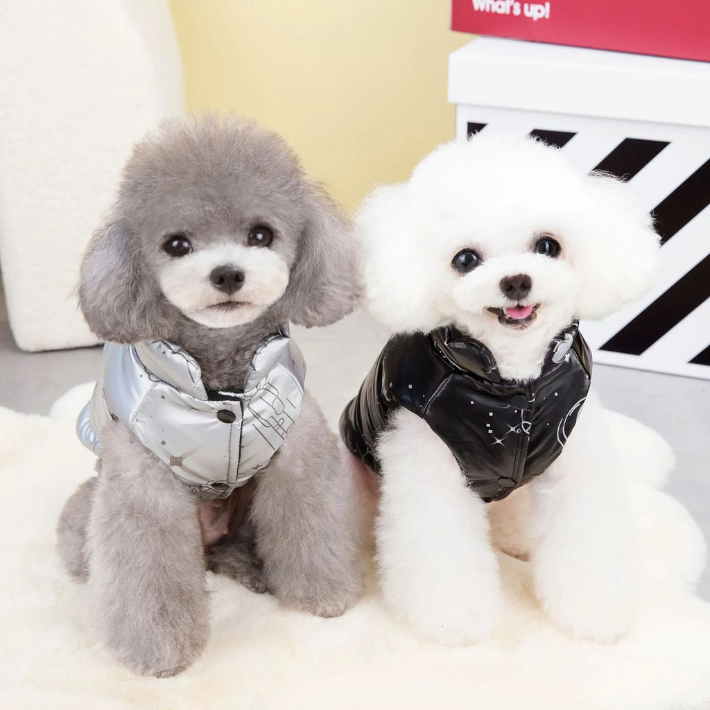 Silver cotton pet vest for small dog, side view on flat surface