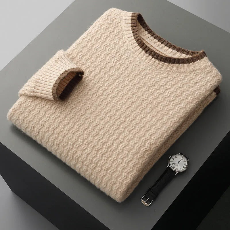 Men's round neck twisted design colour matching wool sweater in loose fit