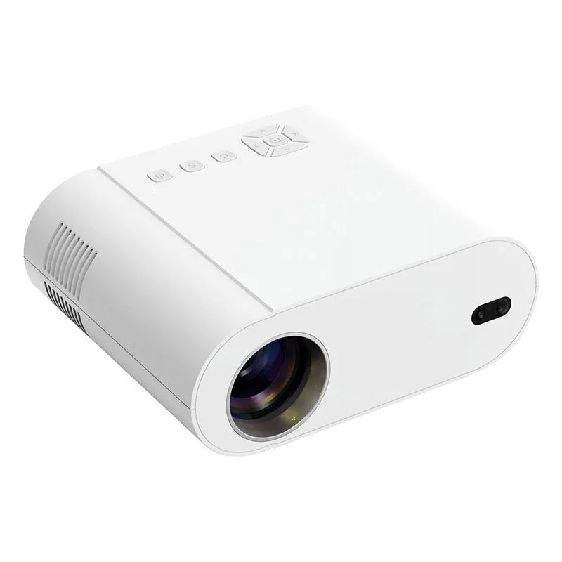 White T07 Full HD smart projector with remote control on flat surface