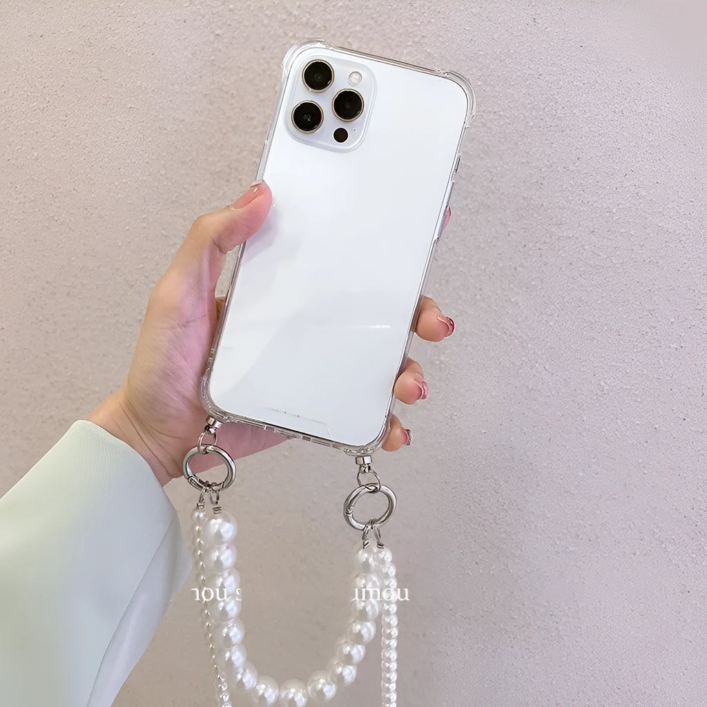 Big Pearl soft mobile phone case in Photo Colour with decorative chain, compatible with multiple iPhone models.