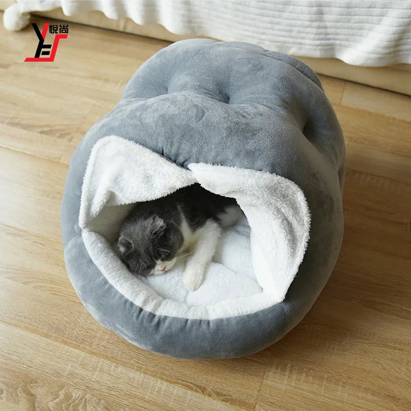 Short plush Mongolian pet bag cat kennel with door curtain in gray or pink, semi-closed indoor design