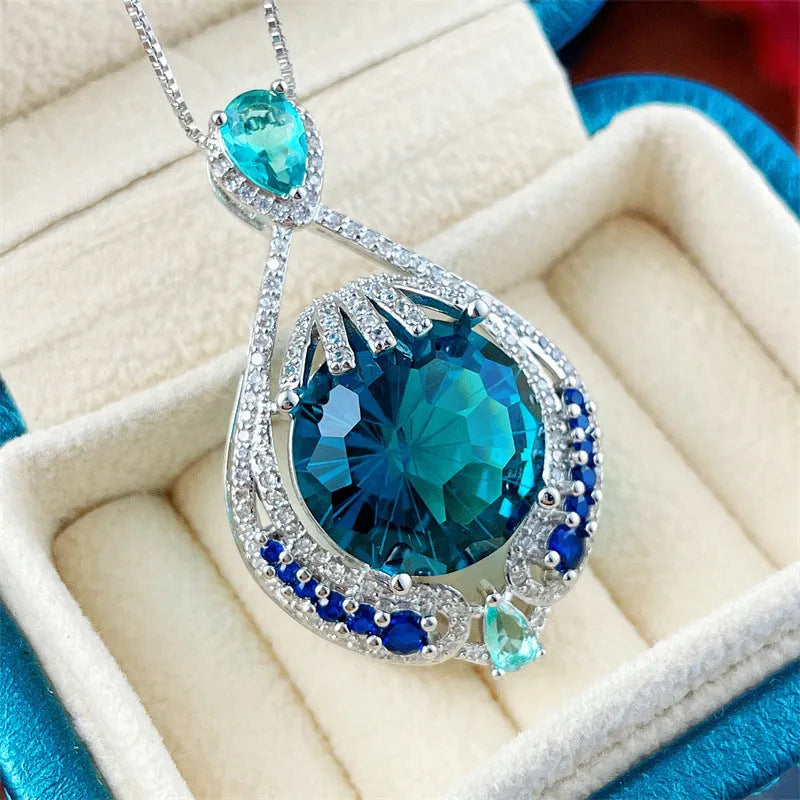 Blue fireworks cut gemstone geometric pendant necklace with water wave chain