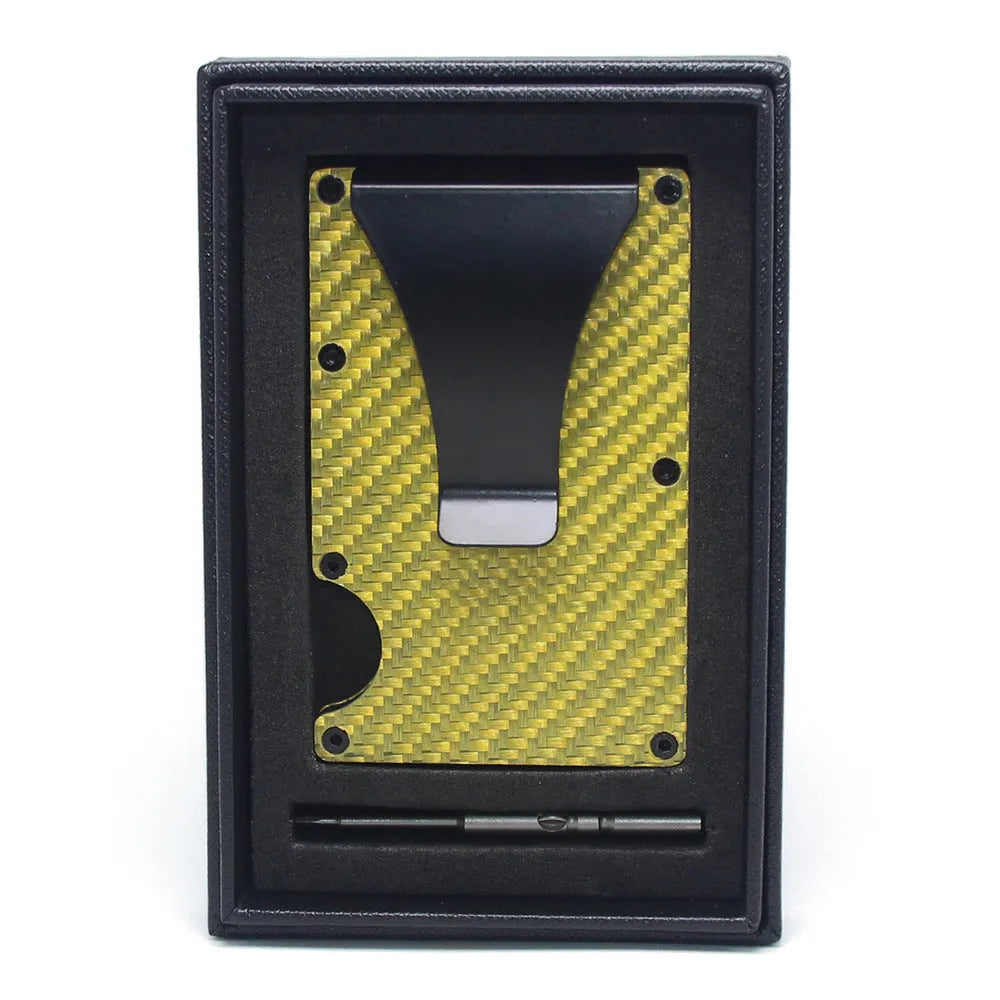 CH6600 geometric card holder in black carbon fibre, showing slim 8mm profile and card slots.