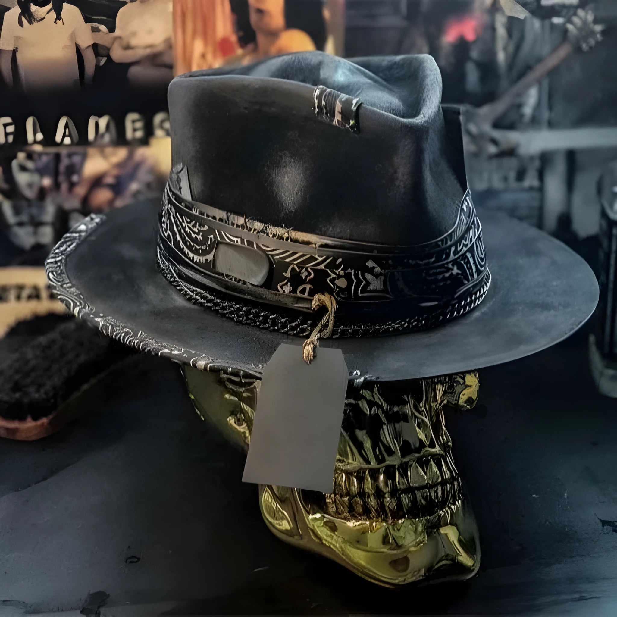 Handmade conical skull hat in wool felt and denim, shown from the side, highlighting its structured crown shape.