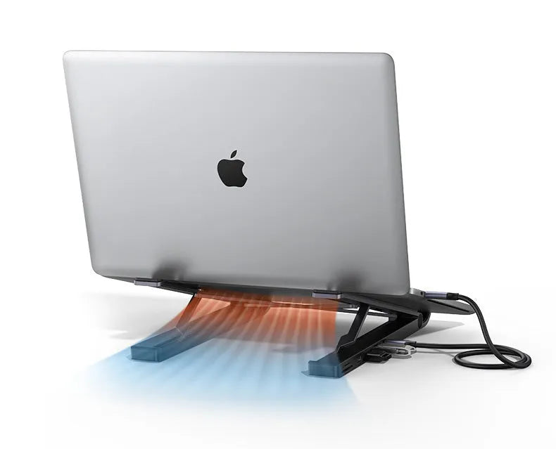 Folding aluminium laptop cooling rack with built-in 5-in-1 HDMI and USB hub