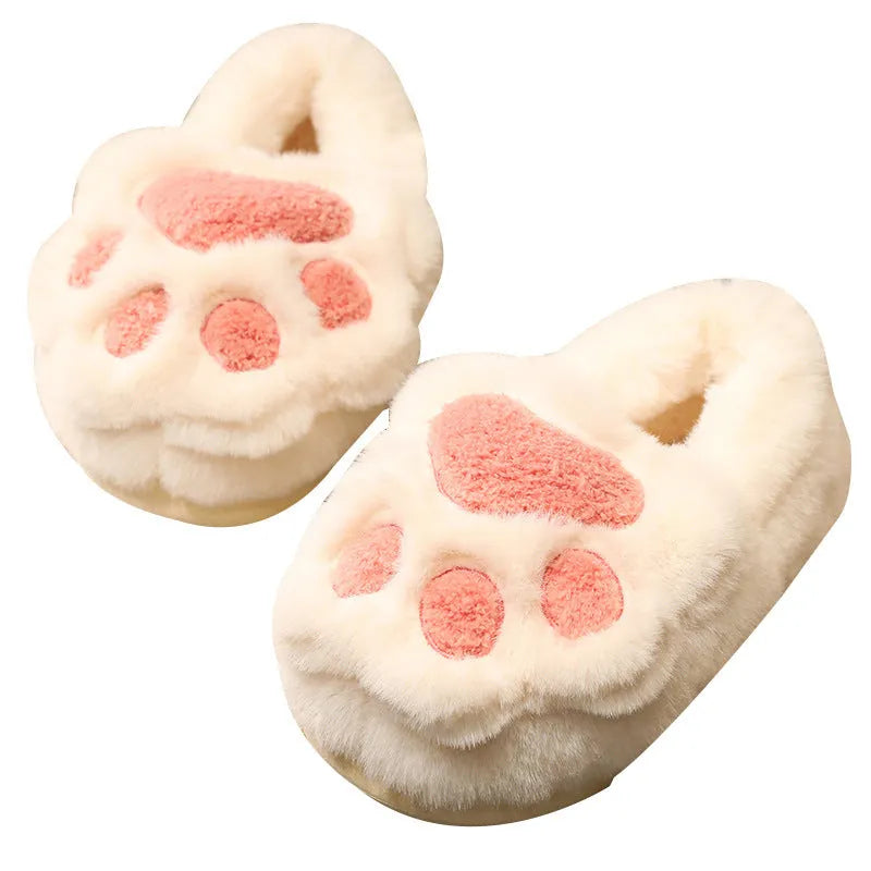 Women's plush cat claw slippers in pink with non-slip soft sole, imitation rabbit fur upper, low cover heel