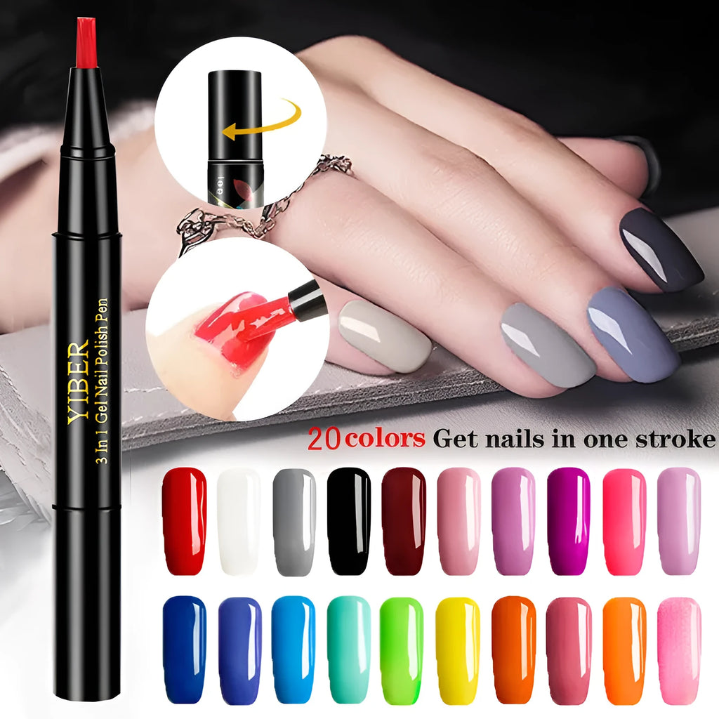 5pcs 3 in 1 one step nail polish pens with long iron pipe handles in multicolour set