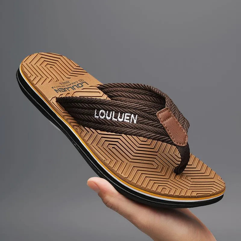Men's flip flops in matcha green with an EVA upper and textured PVC sole.