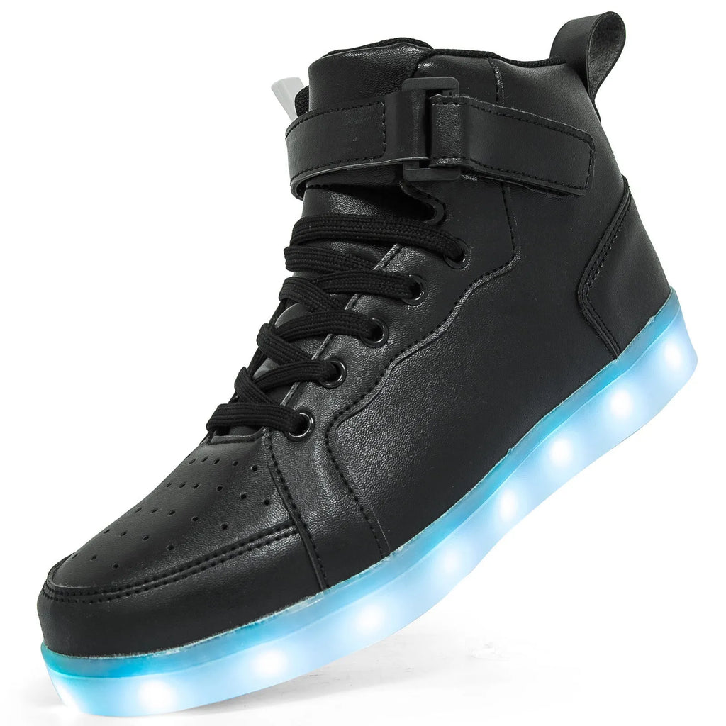 LED illuminated high-top board shoes with Velcro fastening in multiple colour options