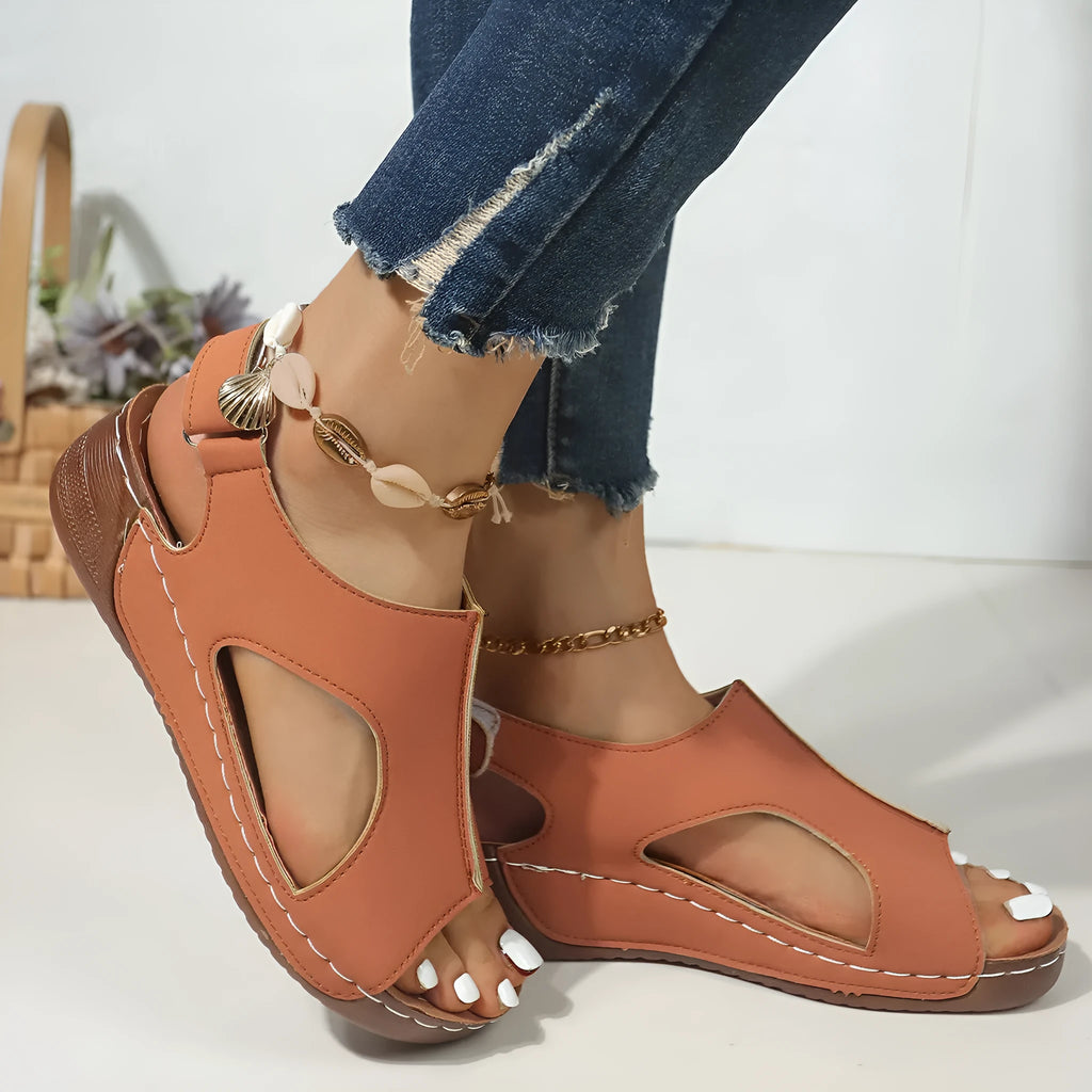 Women's plus size wedge sandals in light brown with Velcro strap, PU upper, and round toe on a neutral background