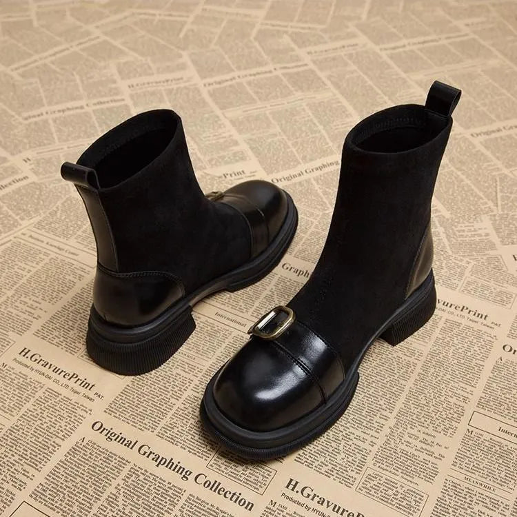 Retro British style brown sock boots for women with block heel, leather splicing, belt buckle, and round toe