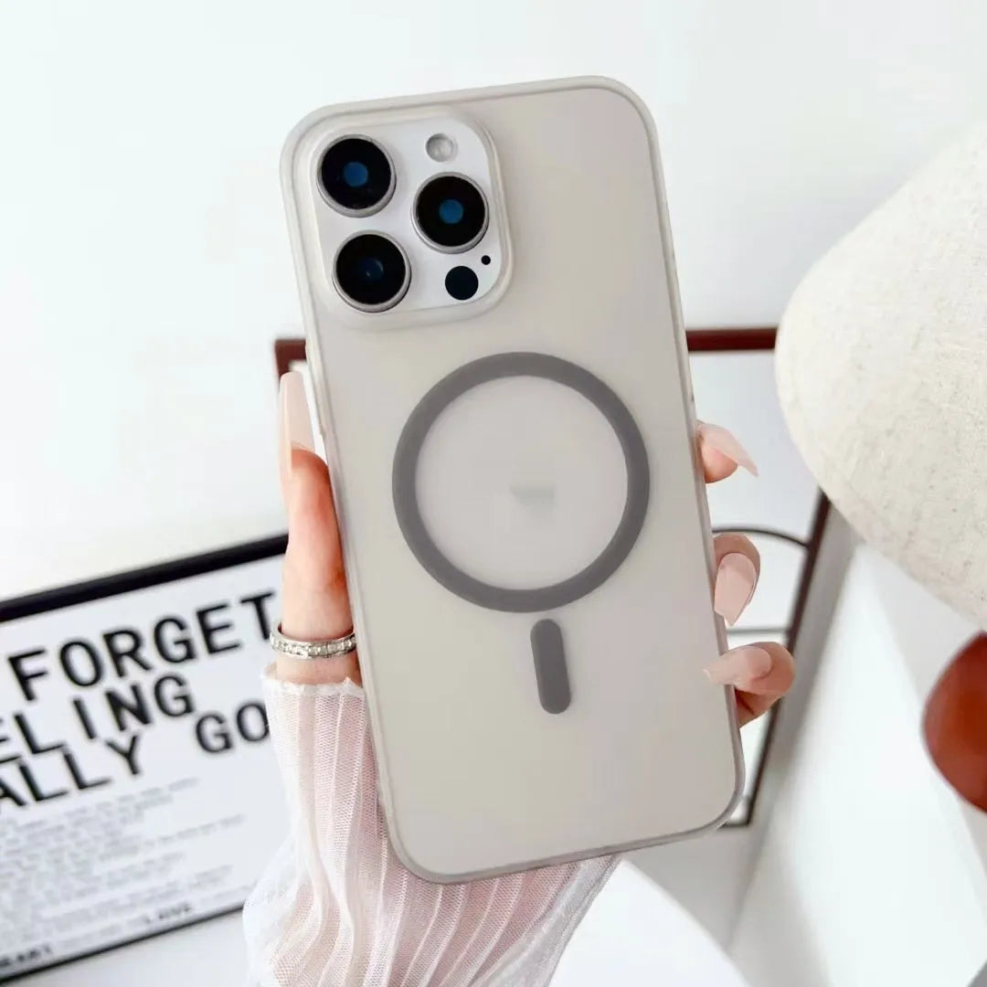 Frosted magnetic PC phone case in transparent pink for iPhone, shockproof and anti-fingerprint