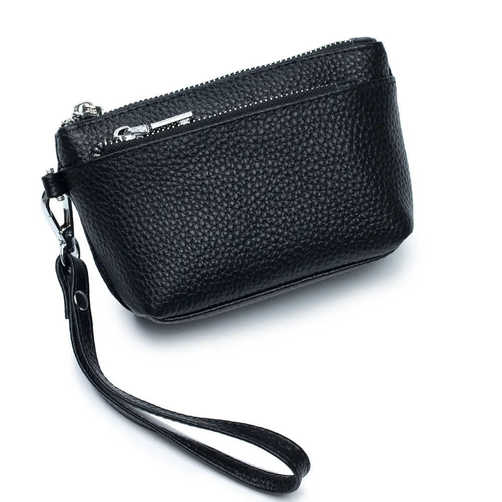 Women's small genuine leather wallet in solid colour with sewing thread detail, retro style, eight colour options available